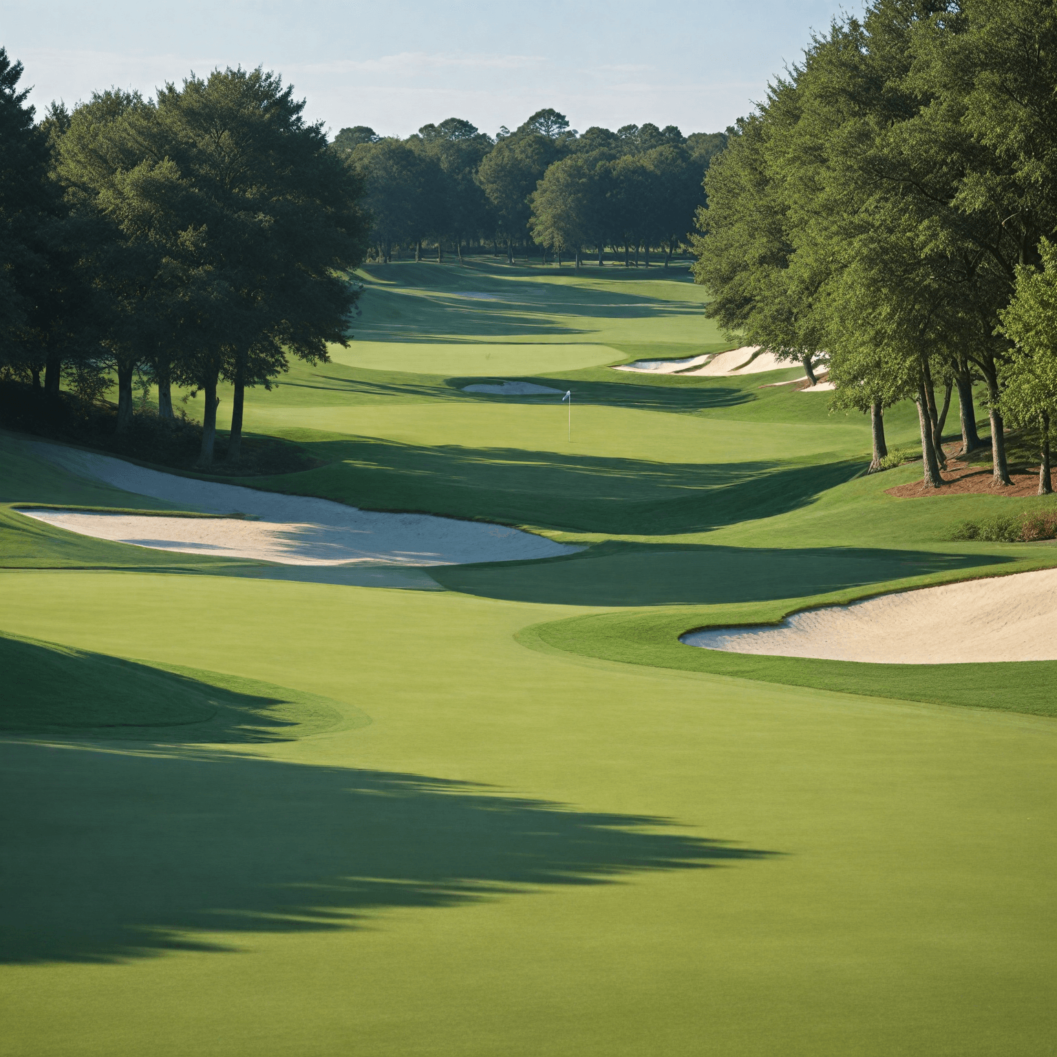 A sunlit fairway winding between trees toward the green